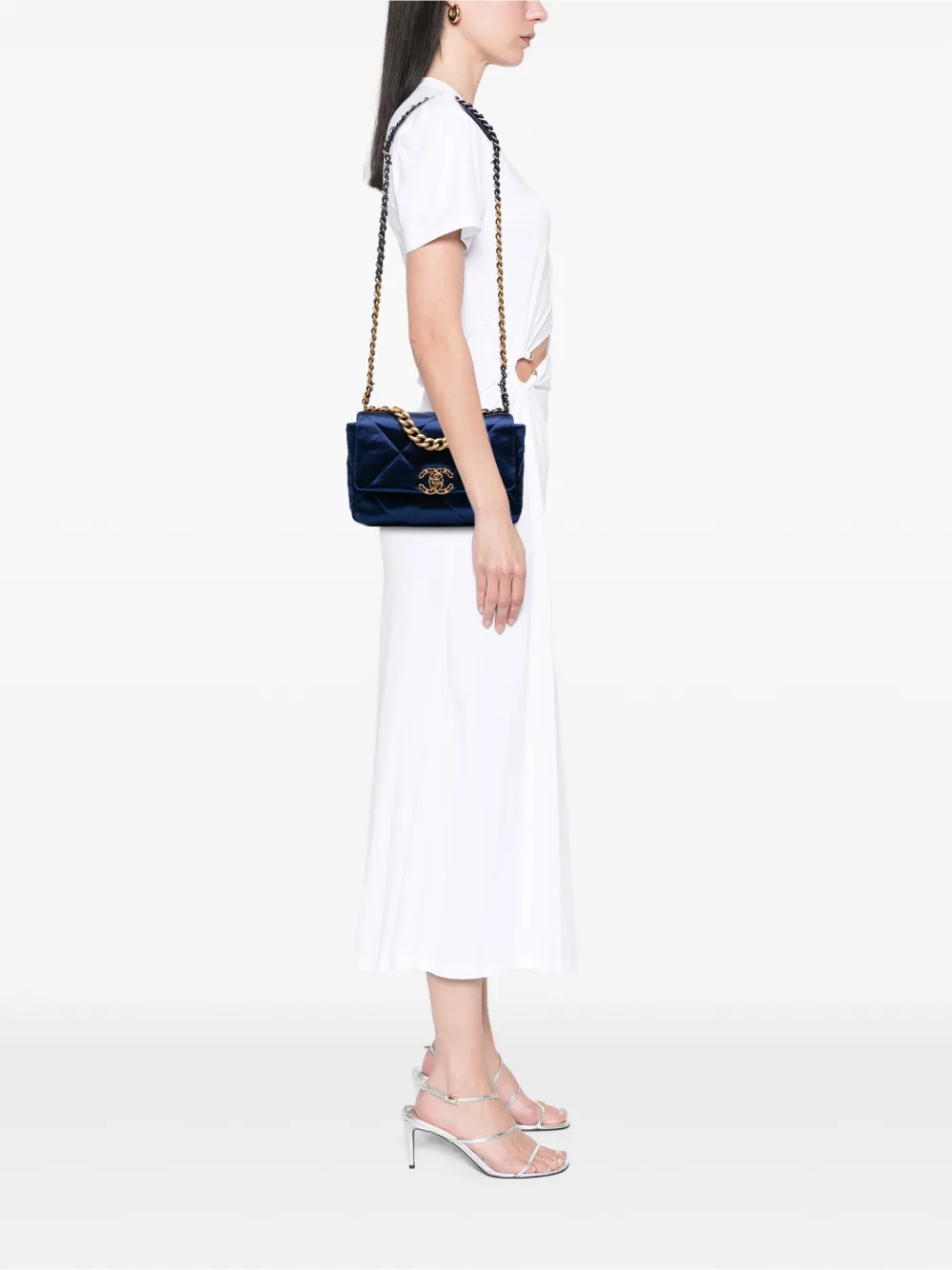 Pre-owned Chanel 2021-2025 Medium Satin 19 Flap Satchel In Blue