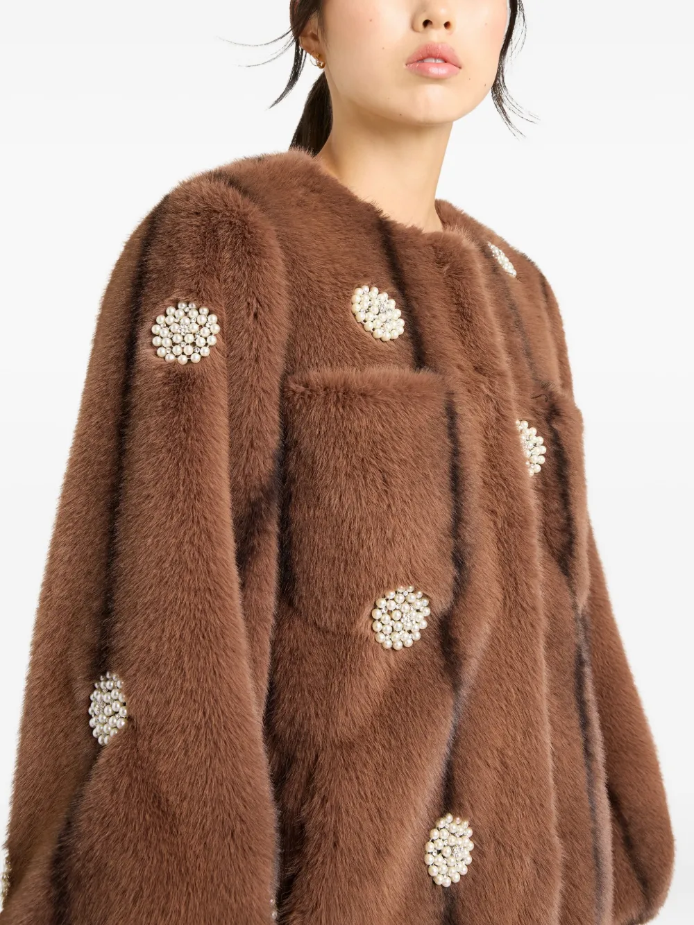 Cinq À Sept Pearl-embellished Faux-fur Coat In Brown