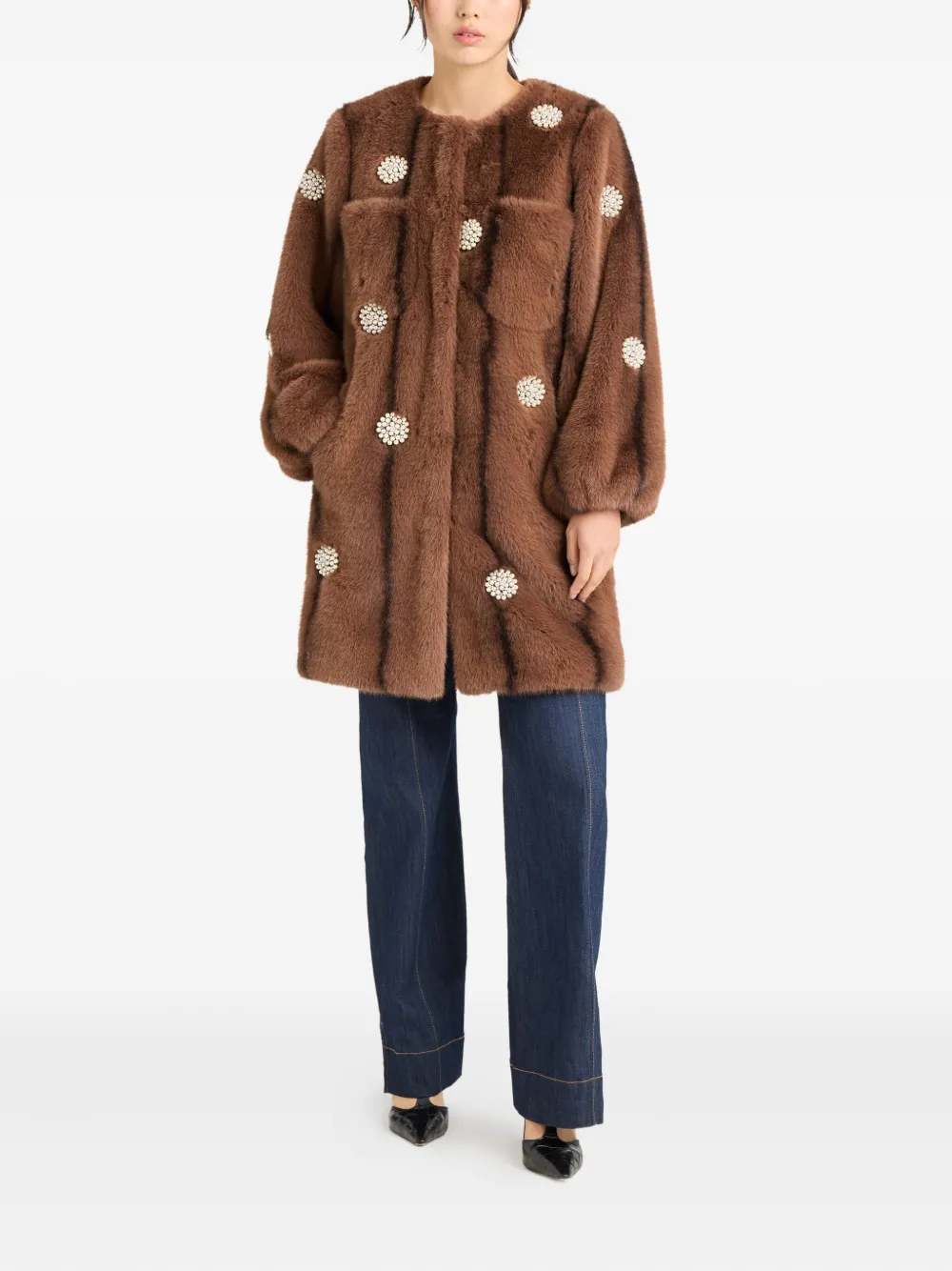 Cinq À Sept Pearl-embellished Faux-fur Coat In Brown
