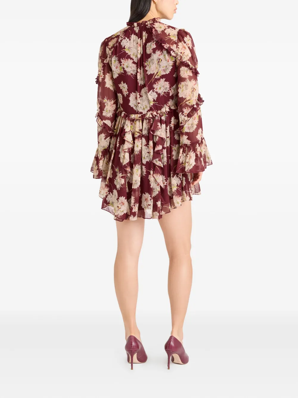 Cinq À Sept Mae Floral Print Ruffle Long Sleeve Chiffon Minidress In Red
