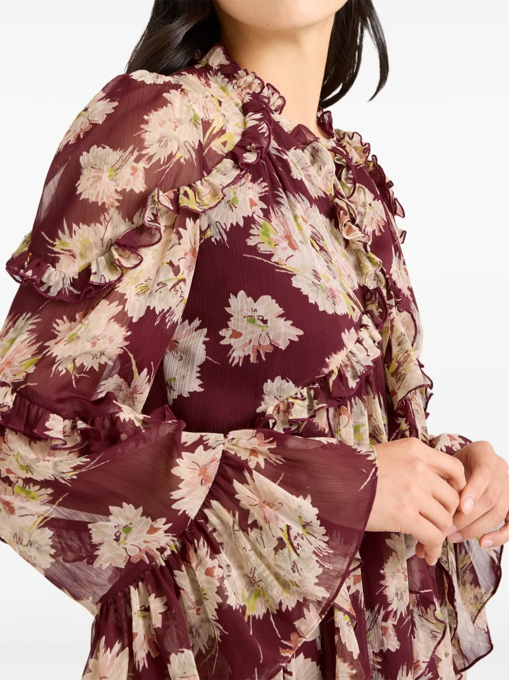 Cinq À Sept Mae Floral Print Ruffle Long Sleeve Chiffon Minidress In Red