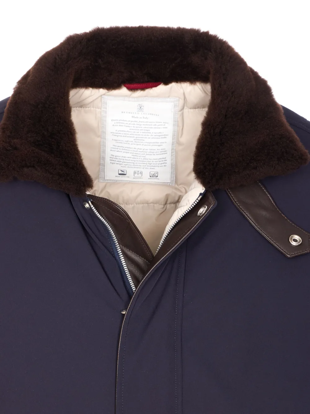 Brunello Cucinelli Gewatteerd jack met lammy kraag Blauw