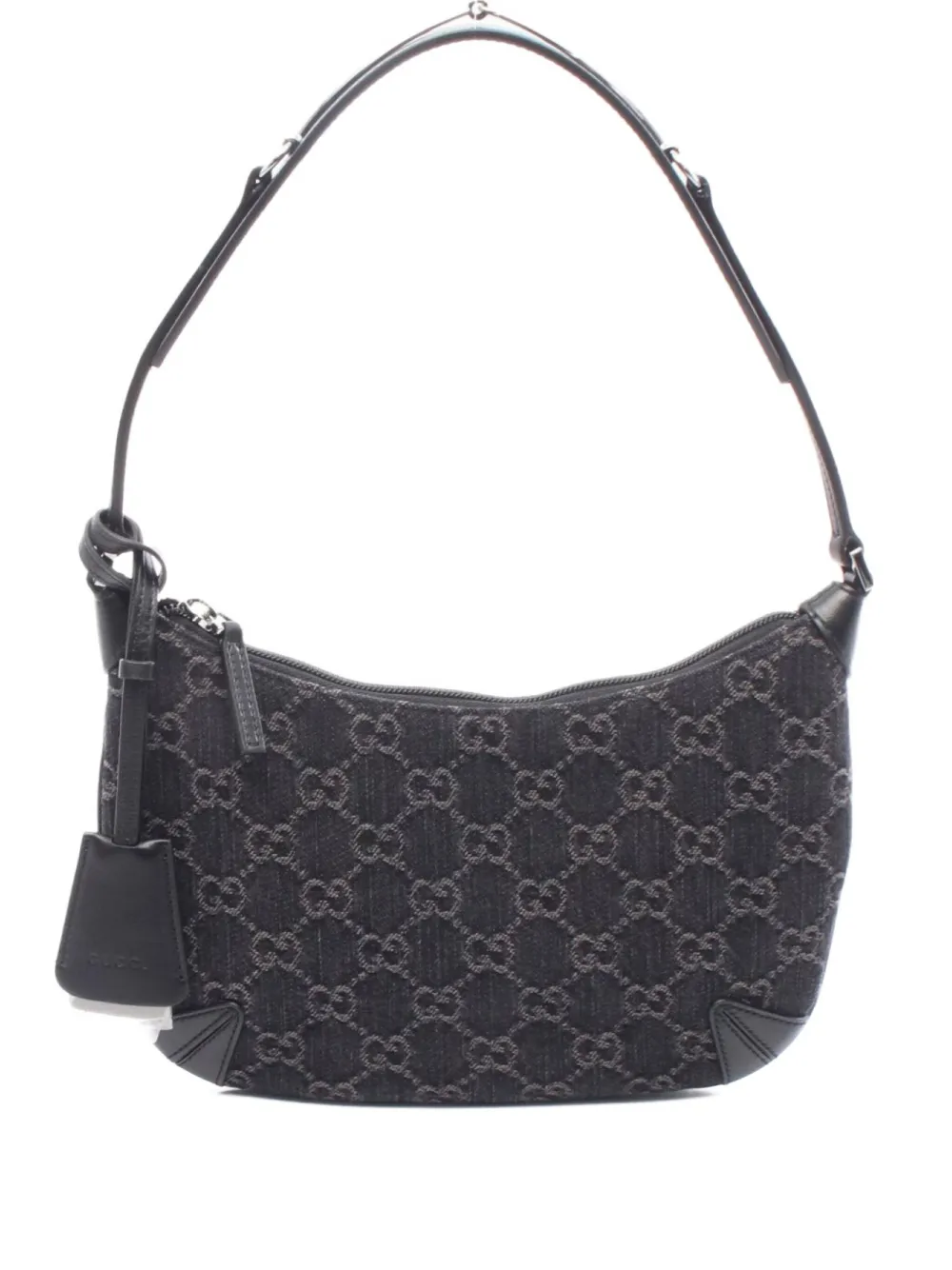 Pre-owned Gucci 10s Gg-motif Denim Shoulder Bag In Black