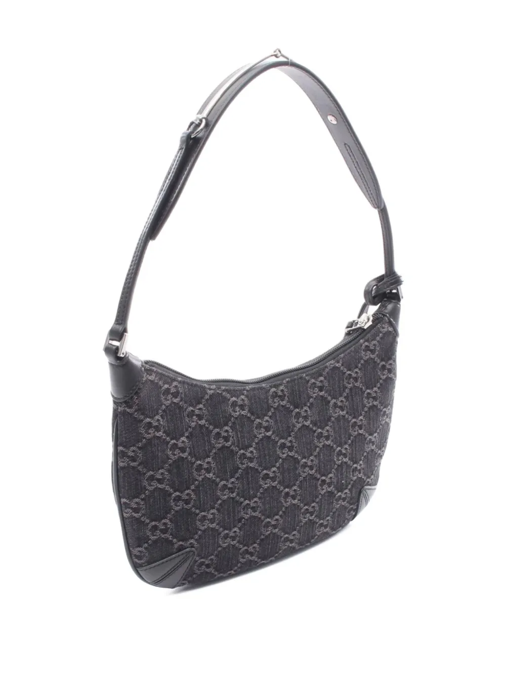 Pre-owned Gucci 10s Gg-motif Denim Shoulder Bag In Black