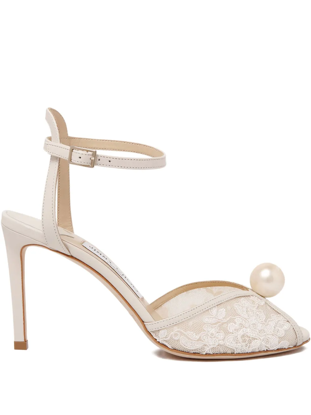 Jimmy Choo 85 mm sandalen verfraaid met parels en kanten vlak Wit