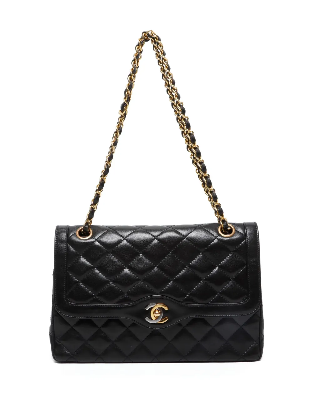 Pre-owned Chanel 1991-1994s Paris Quilted Chain-link Shoulder Bag In Black