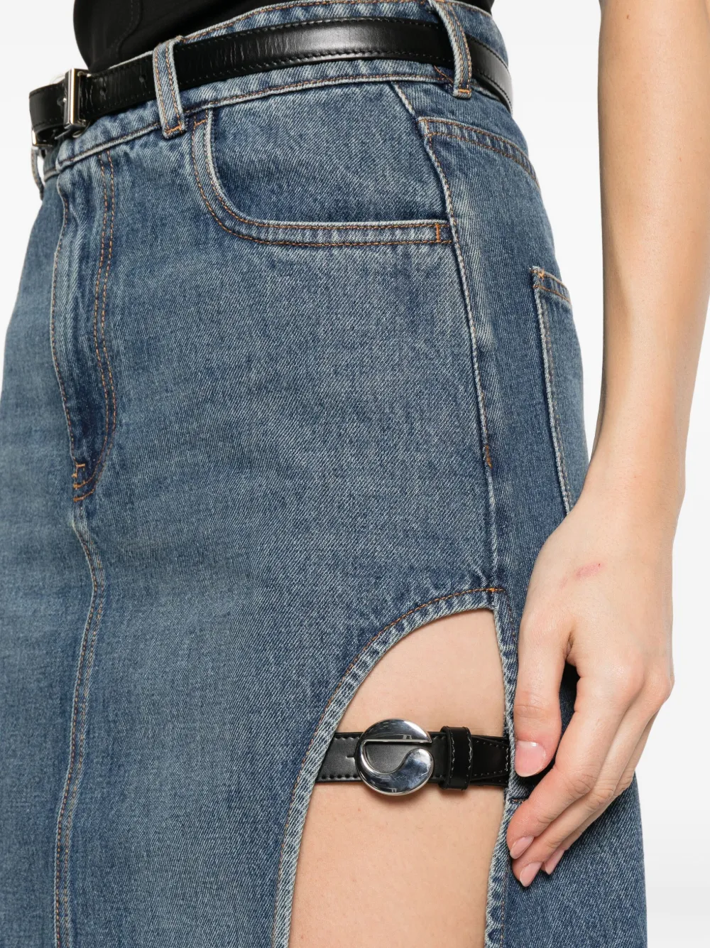 Coperni Garder belt-detail side-split denim skirt Blauw