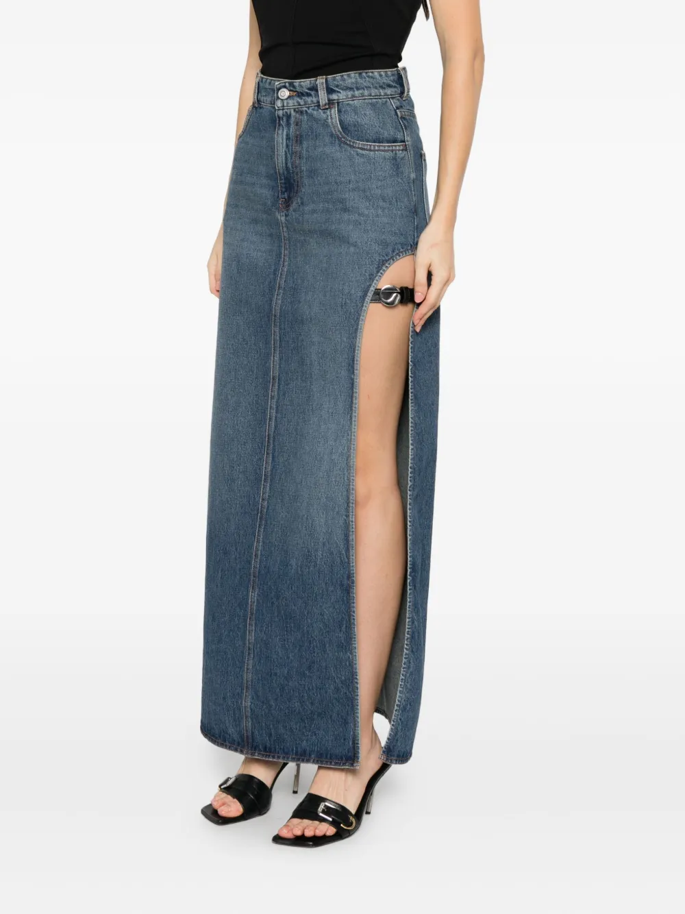 Coperni Garder belt-detail side-split denim skirt Blauw