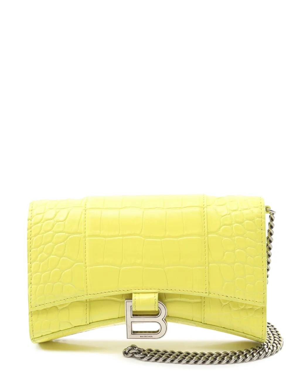 Pre-owned Balenciaga 2021-2025 Shiny Calfskin Crocodile Embossed Hourglass Wallet On Chain Crossbody Bag In Yellow