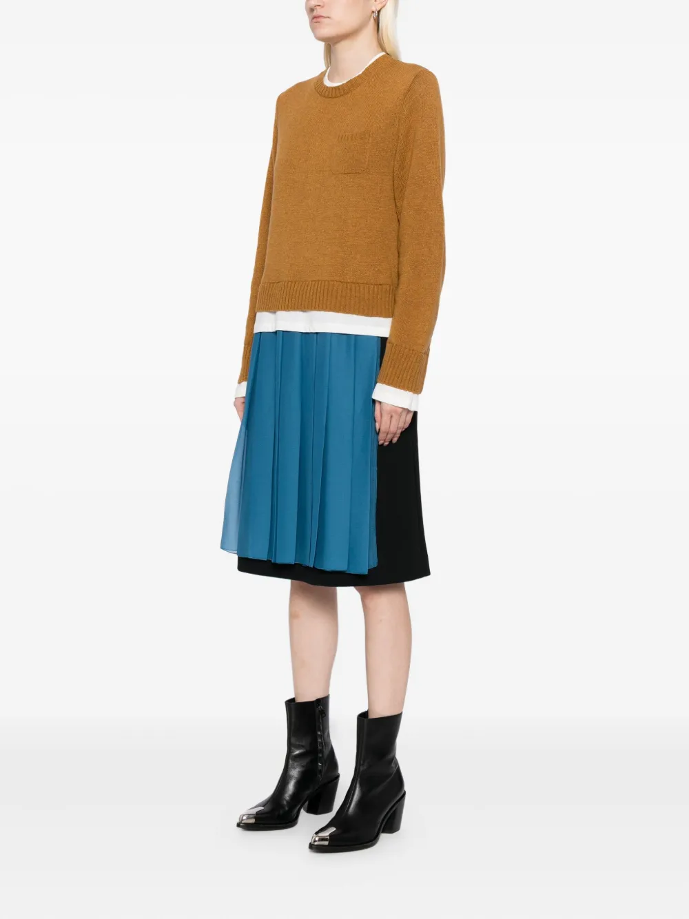 Undercover Layered Effect Long Sleeve Mixed Media Dress In Brown