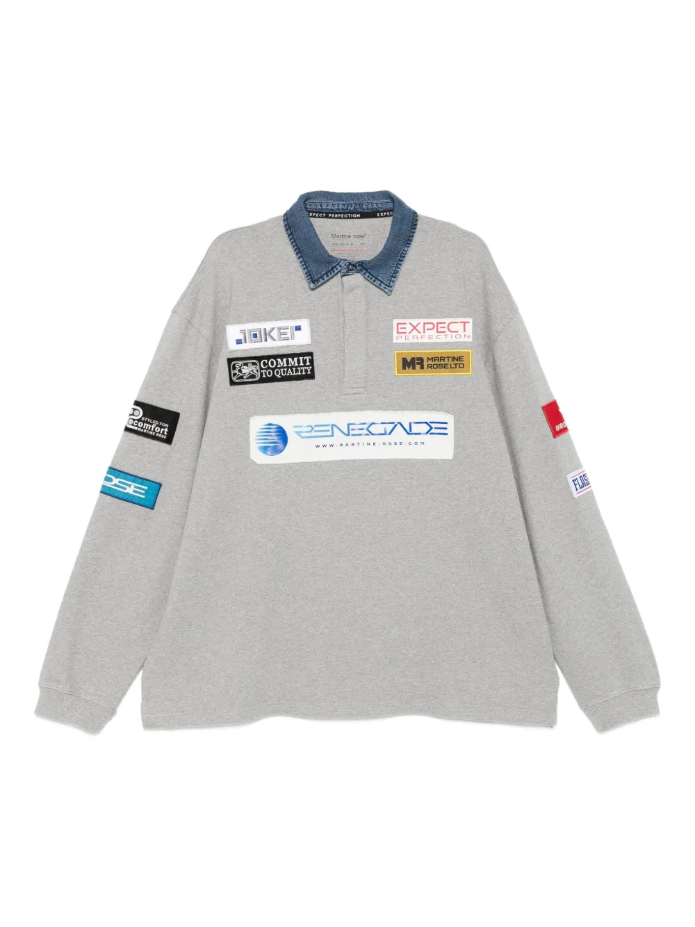 Martine Rose denim-collar logo-patch polo shirt | Grey | Image 1