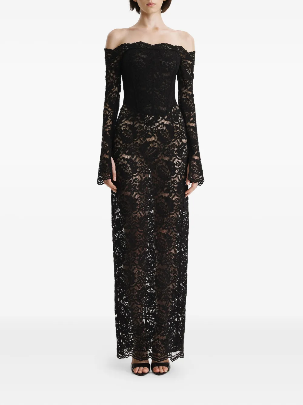 2310 STUDIO Off-shoulder midi-jurk met kant Zwart