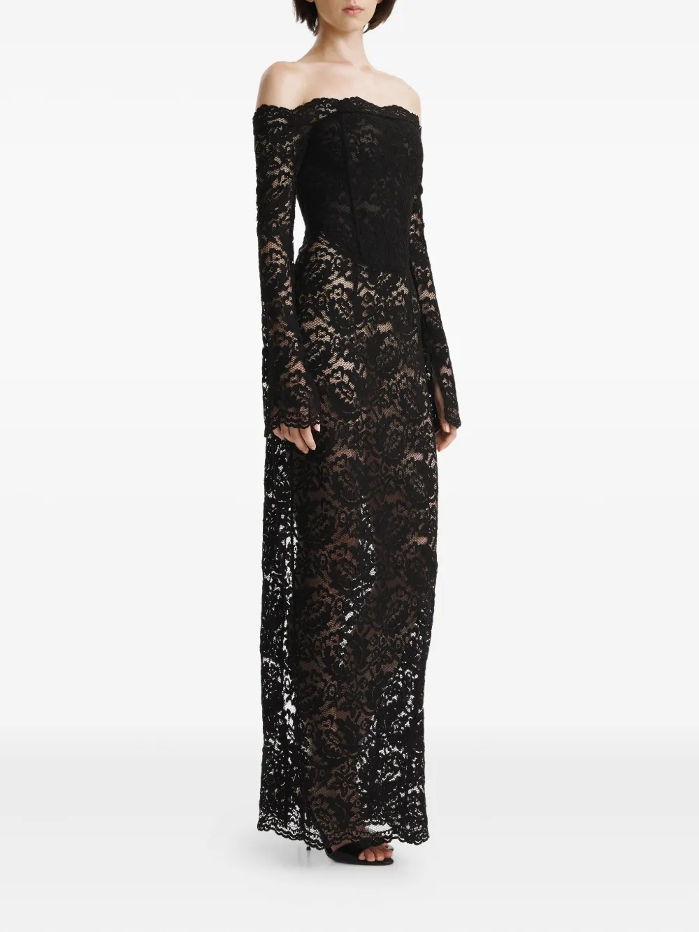 2310 STUDIO Off-shoulder midi-jurk met kant Zwart