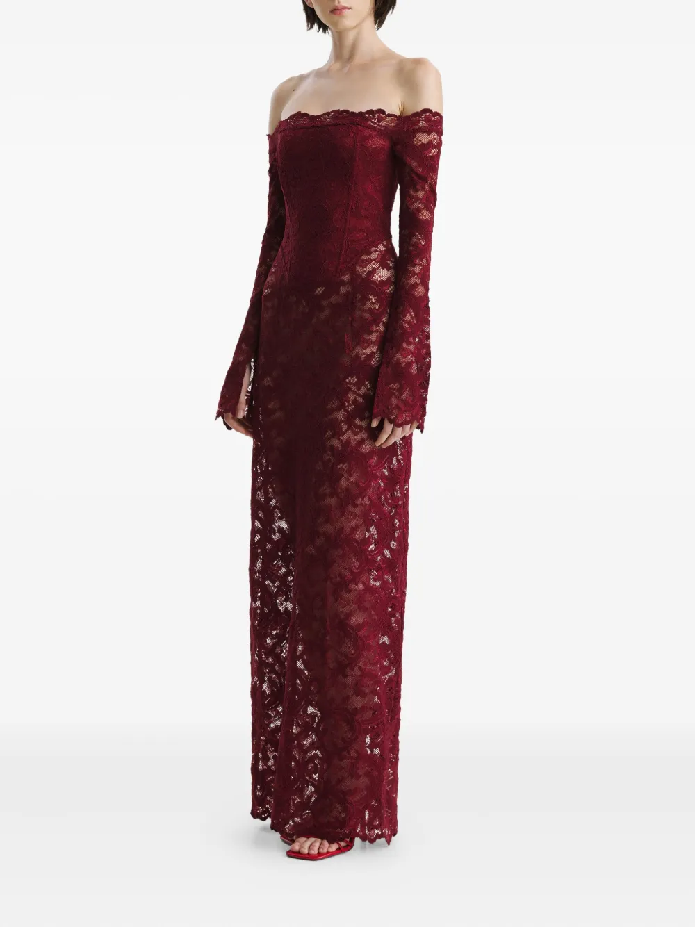 2310 STUDIO Off-shoulder maxi-jurk met kant Rood