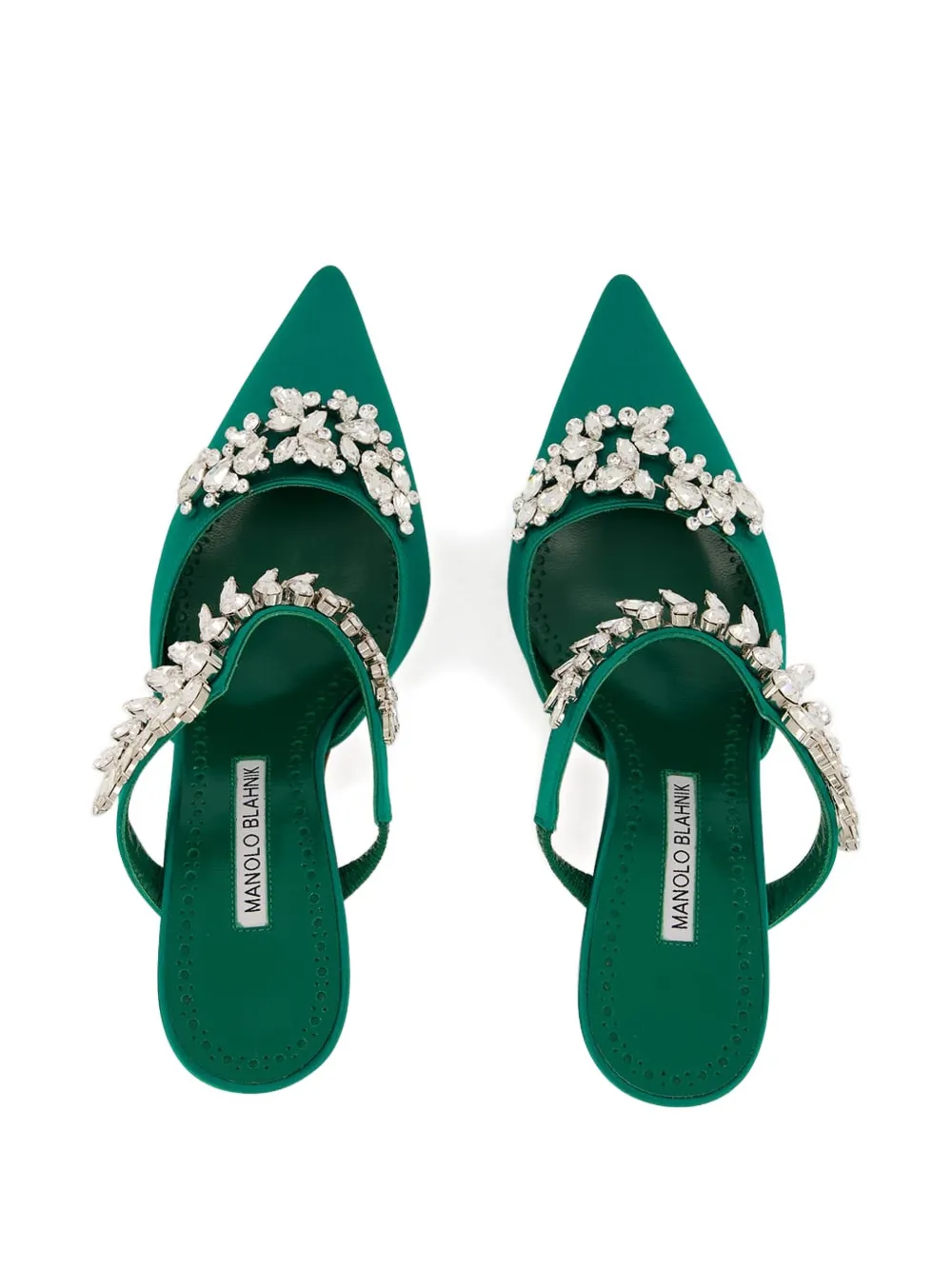 Manolo Blahnik 90mm crystal-embellished satin mules Green
