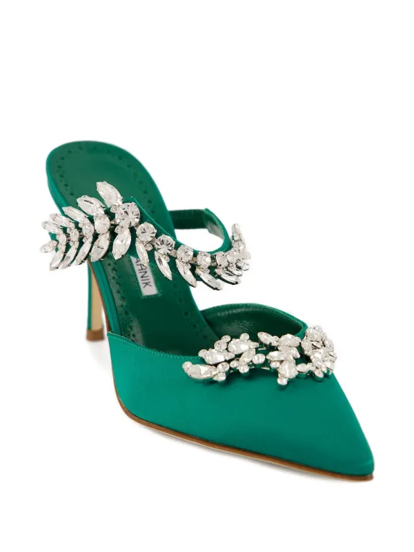 Manolo Blahnik 90mm crystal-embellished Satin Mules Green FARFETCH IN