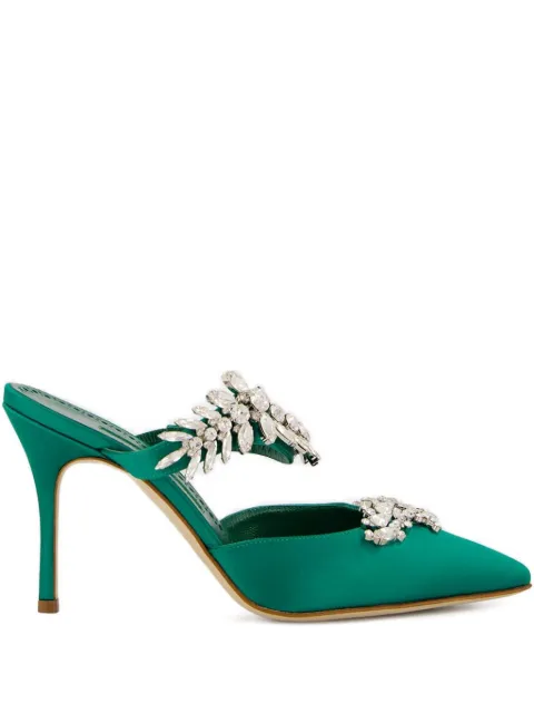 Manolo Blahnik 90mm crystal-embellished satin mules
