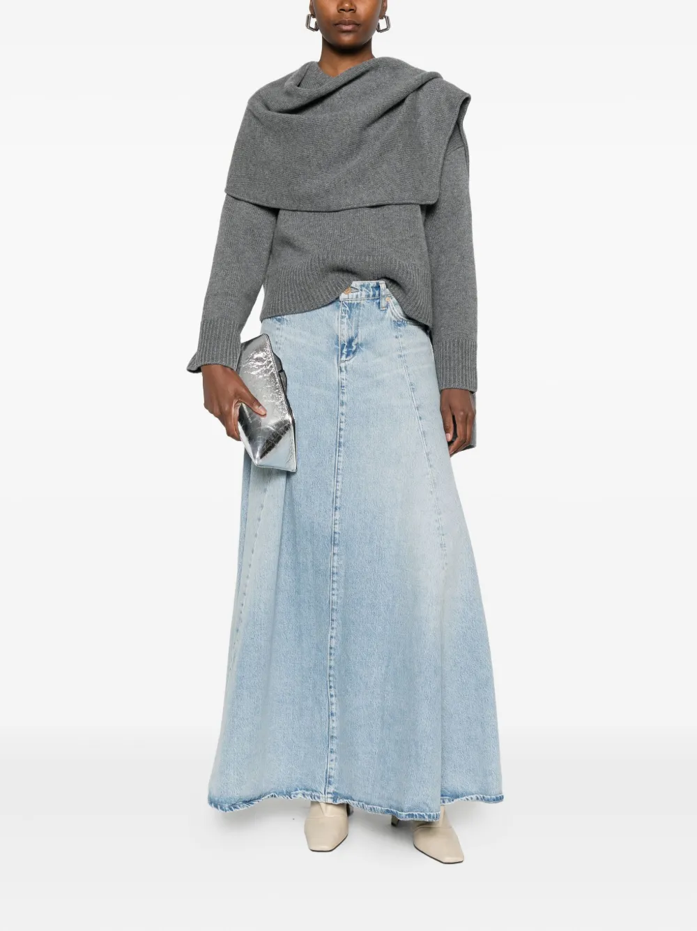 7 For All Mankind Logo-patch Denim Maxi Skirt In Blue
