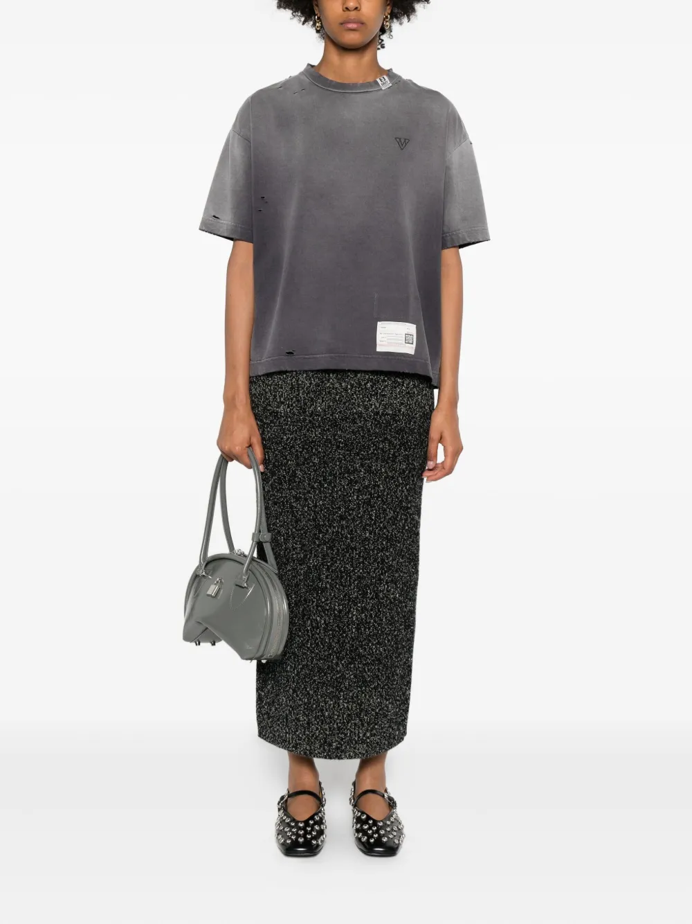 Miharayasuhiro Distressed Logo-embroidered T-shirt In Gray