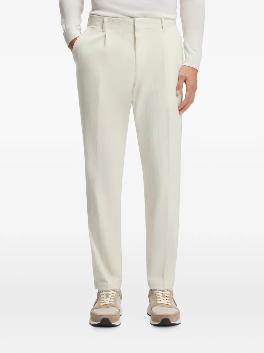 BOSS Ribfluwelen broek met geplooide voorkant Beige