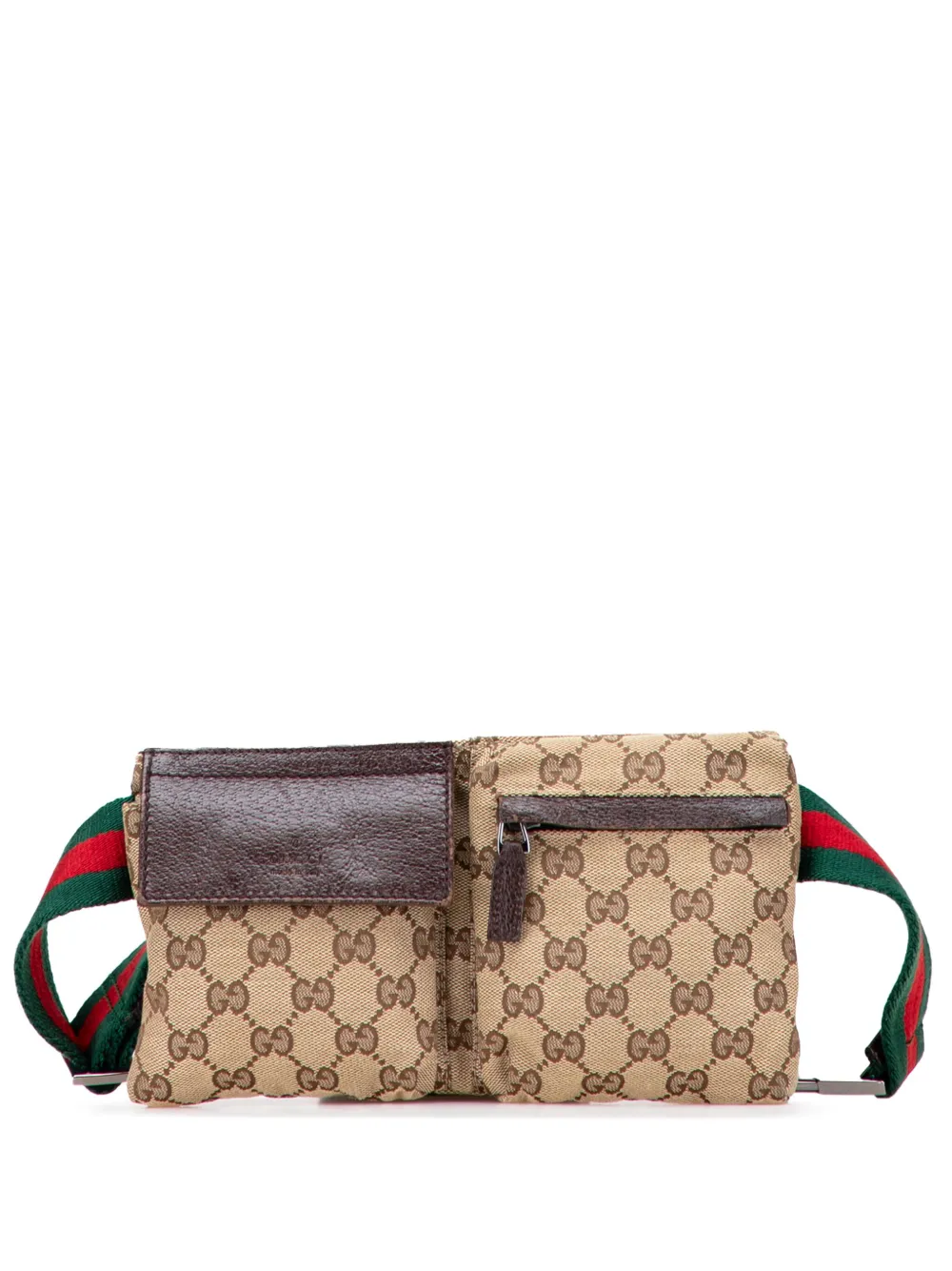 Pre-owned Gucci 2000-2015 Gg Canvas Web Double Pocket Belt Bag In Brown