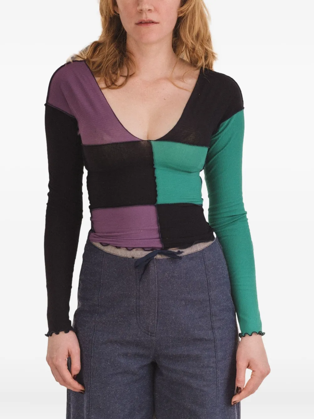 Baserange Long-sleeve Patchwork Tee In Green