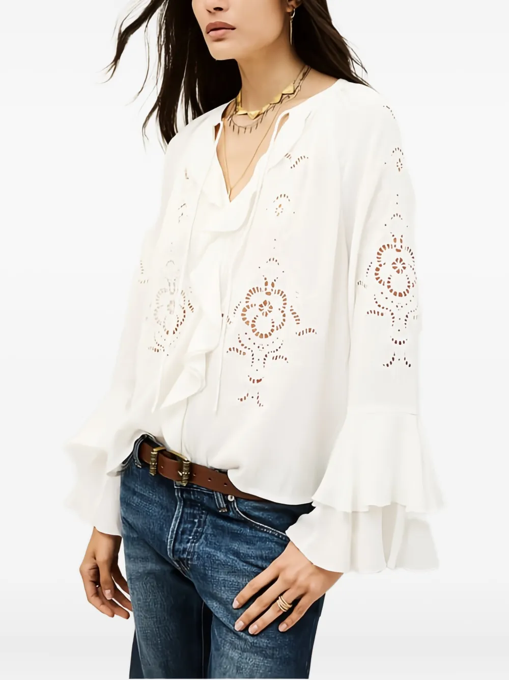 Ba&sh Omar Embroidered Ruffled Blouse In White