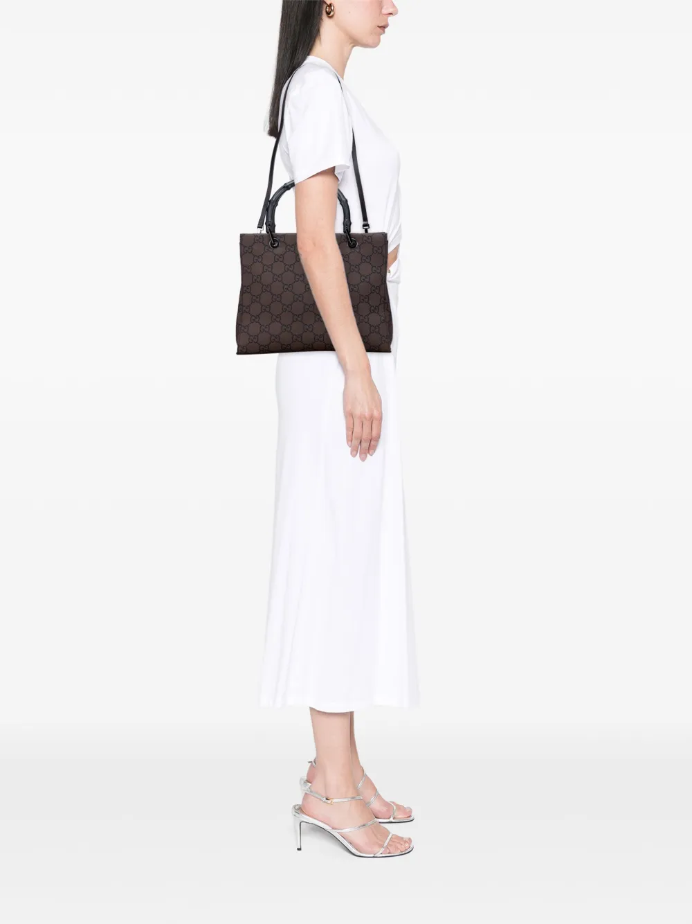 Pre-owned Gucci 2000-2015 Gg Nylon Bamboo Satchel In Brown
