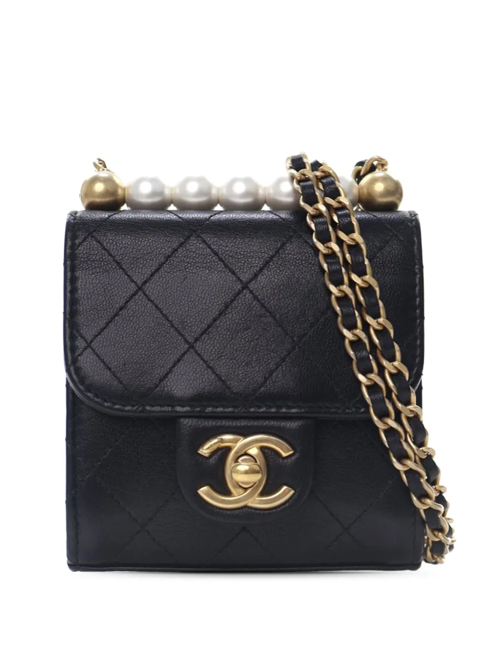 Pre-owned Chanel 2019 Mini Goatskin Chic Pearls Clutch On Chain Crossbody Bag In Black