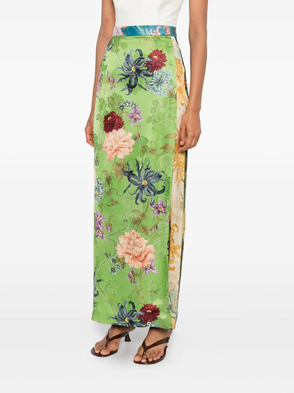 Alemais Avery Floral-print Side-split Long Skirt In Green