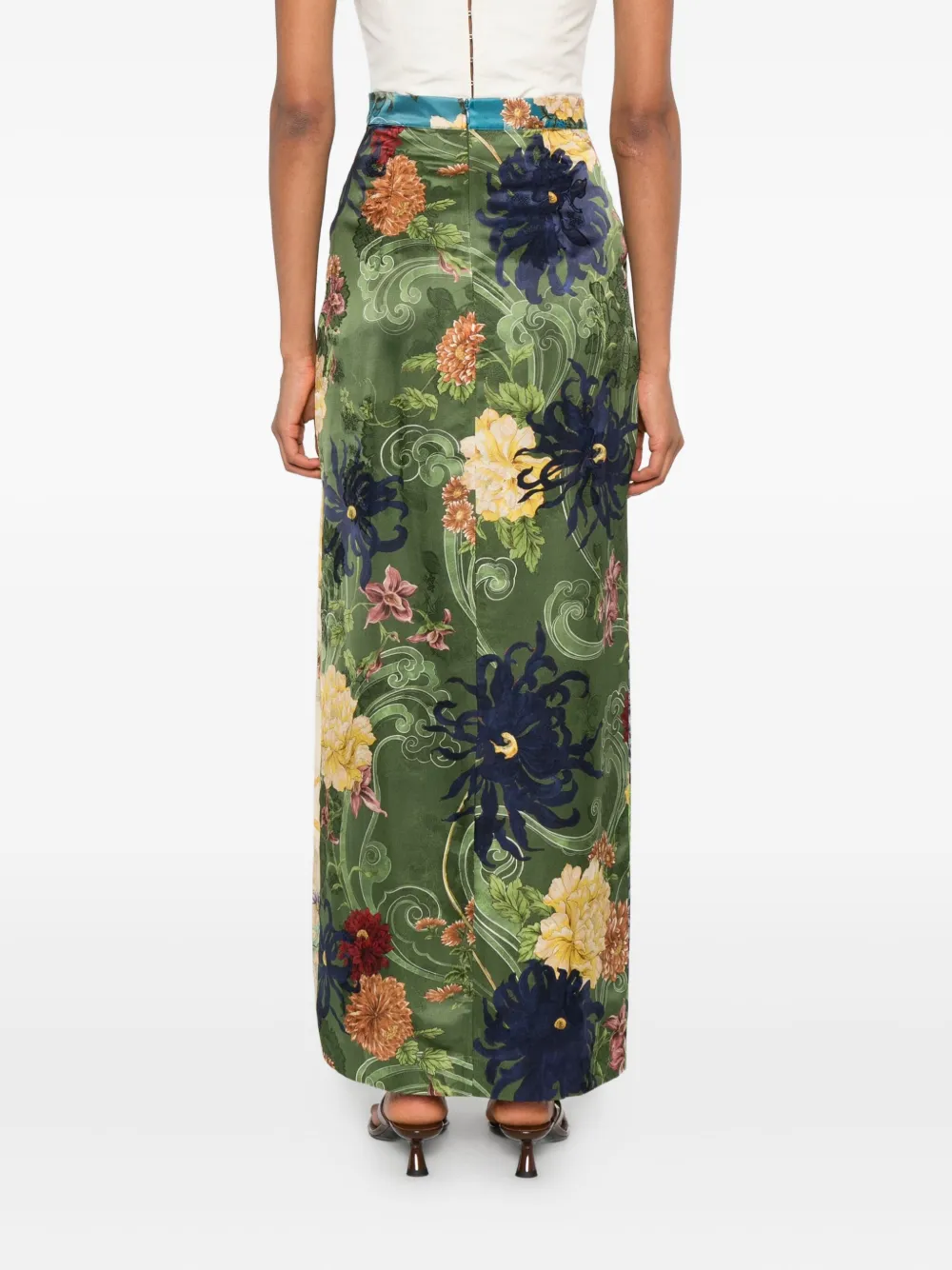 Alemais Avery Floral-print Side-split Long Skirt In Green
