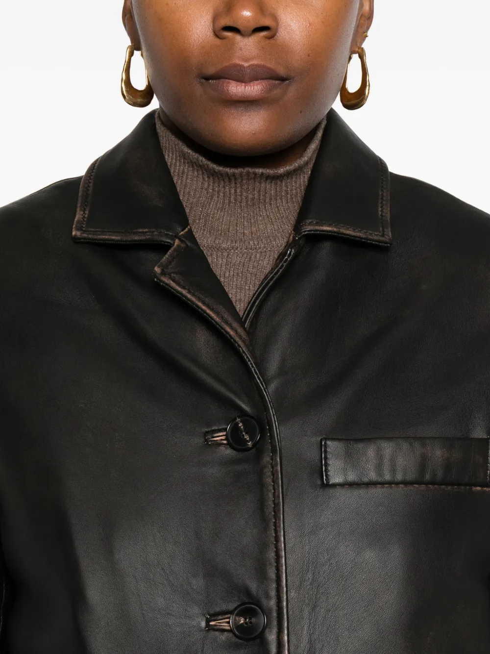 Tela Button-fastening Leather Coat In Black