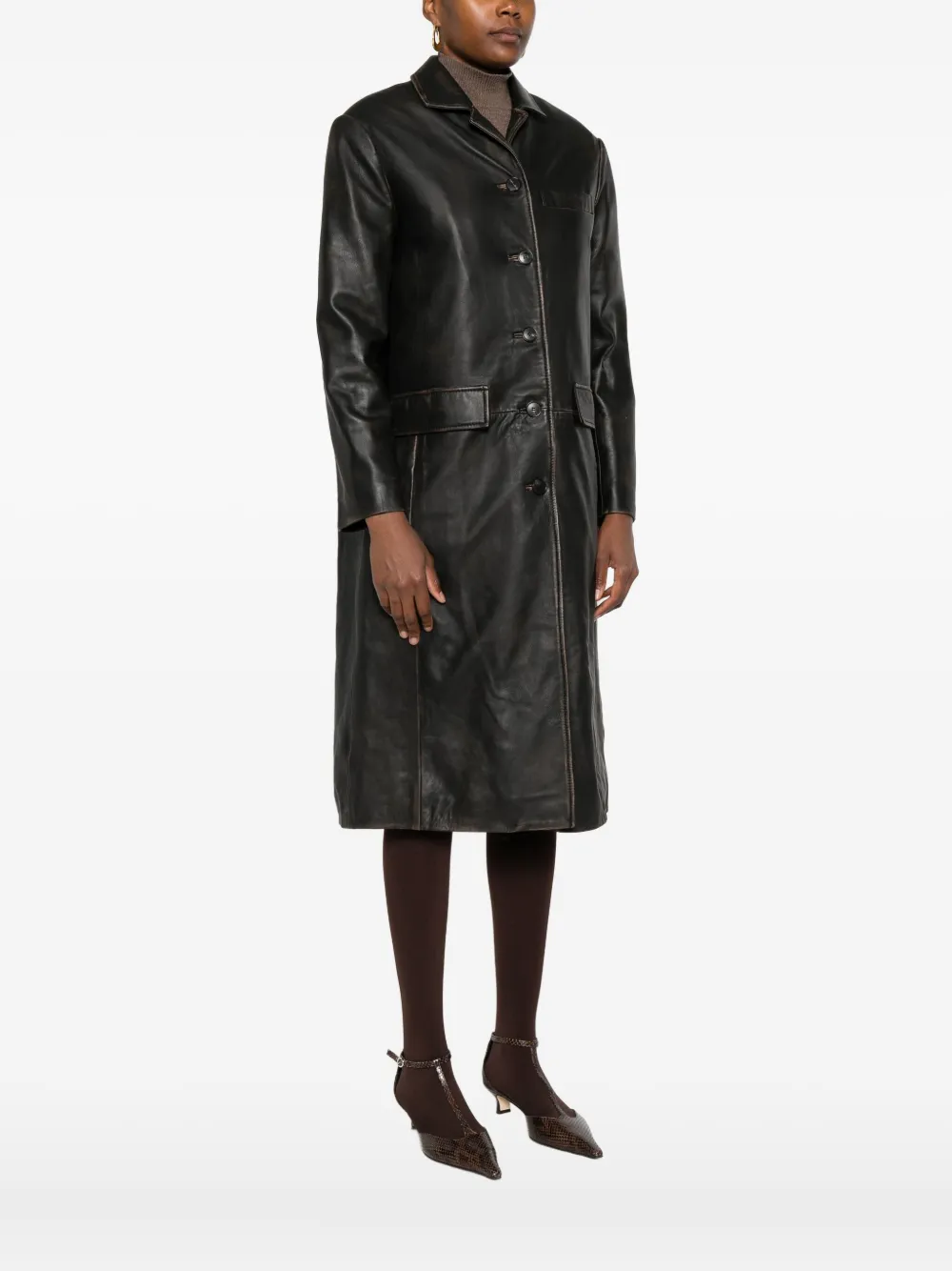 Tela Button-fastening Leather Coat In Black