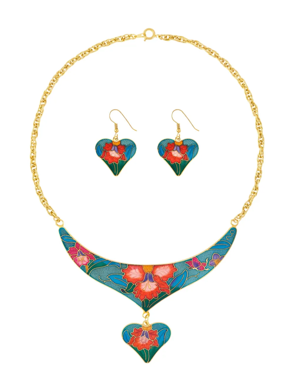 Susan Caplan Vintage 1980s heart-charm cloisonné necklace and earrings set | Gold | Image 1