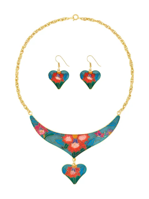 Susan Caplan Vintage 1980s heart-charm cloisonné necklace and earrings set