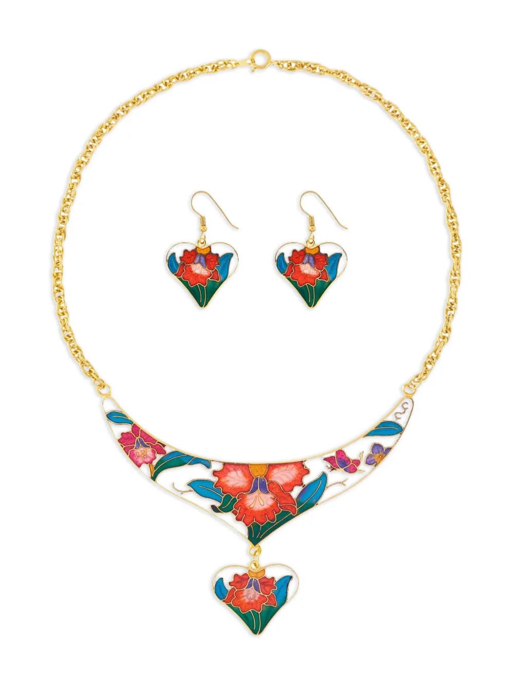 Susan Caplan Vintage Set Cloisonné collana e orecchini a cuore anni '80 - Oro