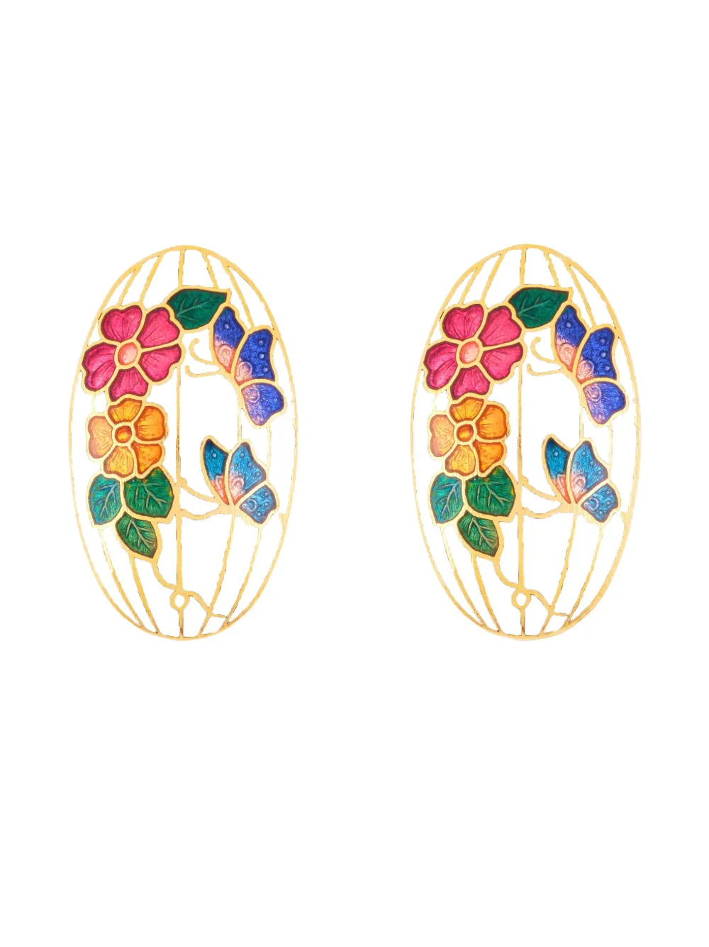 Pre-owned Susan Caplan Vintage 1980s Floral-motif Cloisonné Earrings In Gold