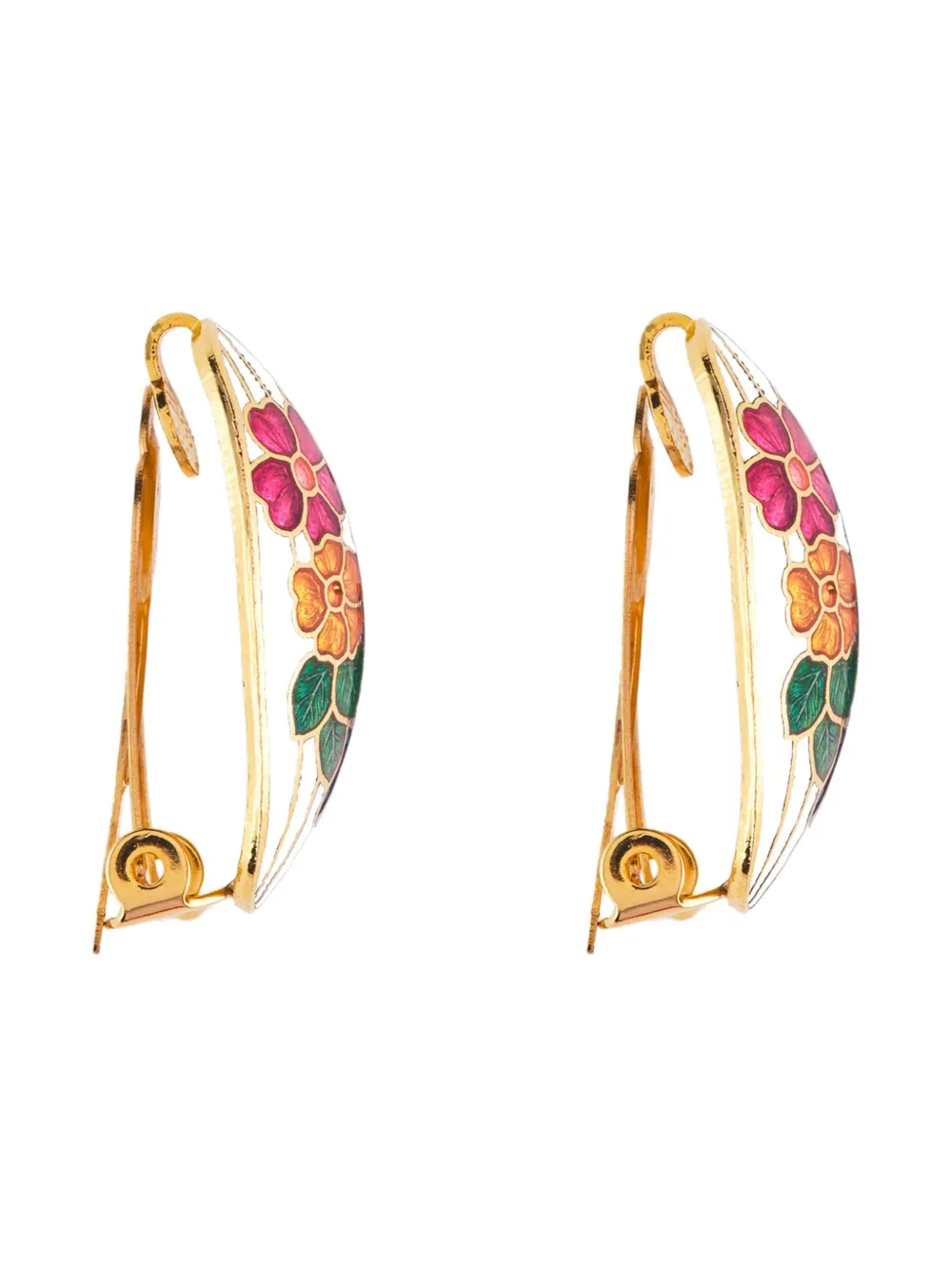 Pre-owned Susan Caplan Vintage 1980s Floral-motif Cloisonné Earrings In Gold