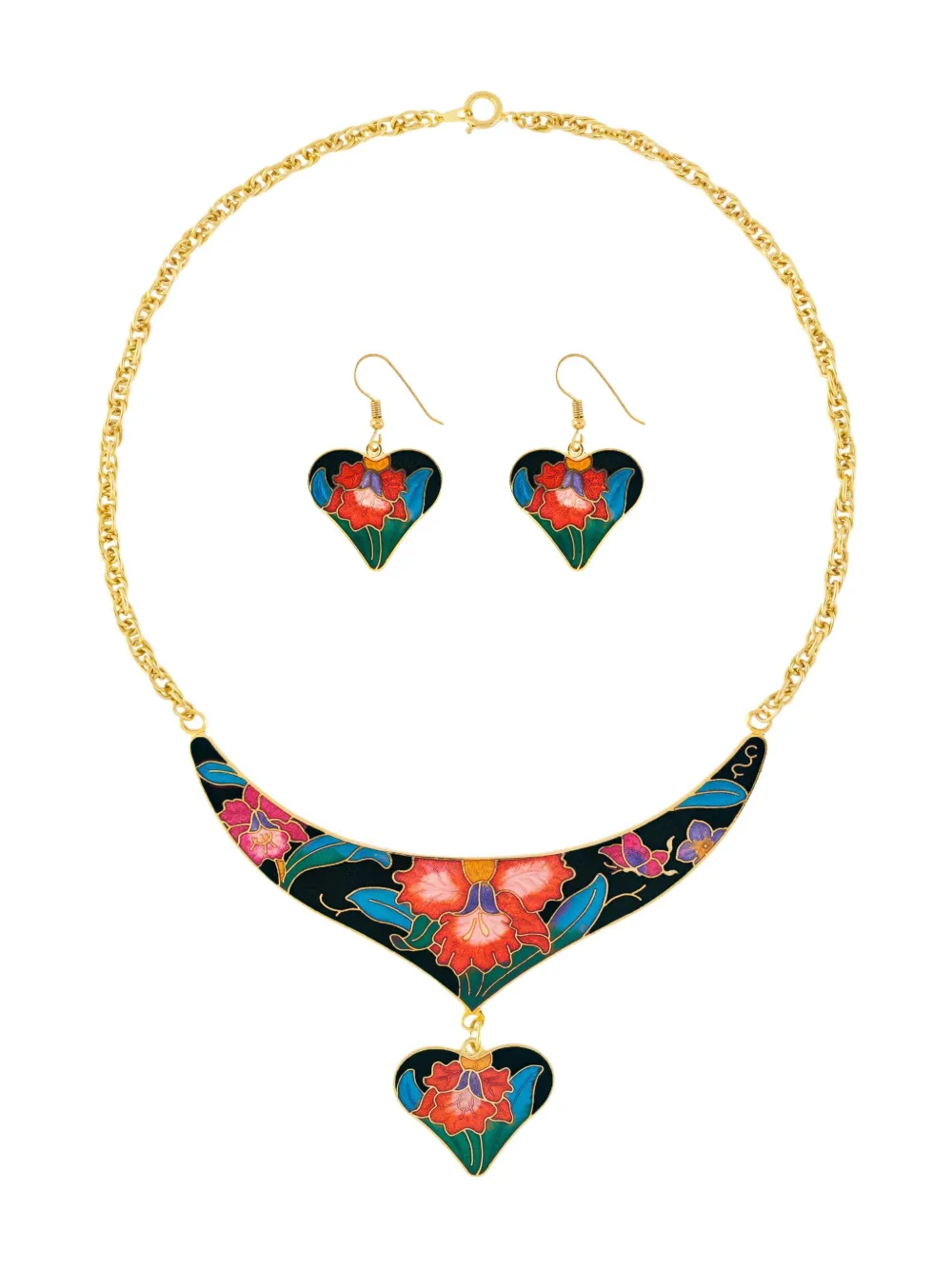 Pre-owned Susan Caplan Vintage 1980s Heart-charm Cloisonné Necklace And Earrings Set In Gold