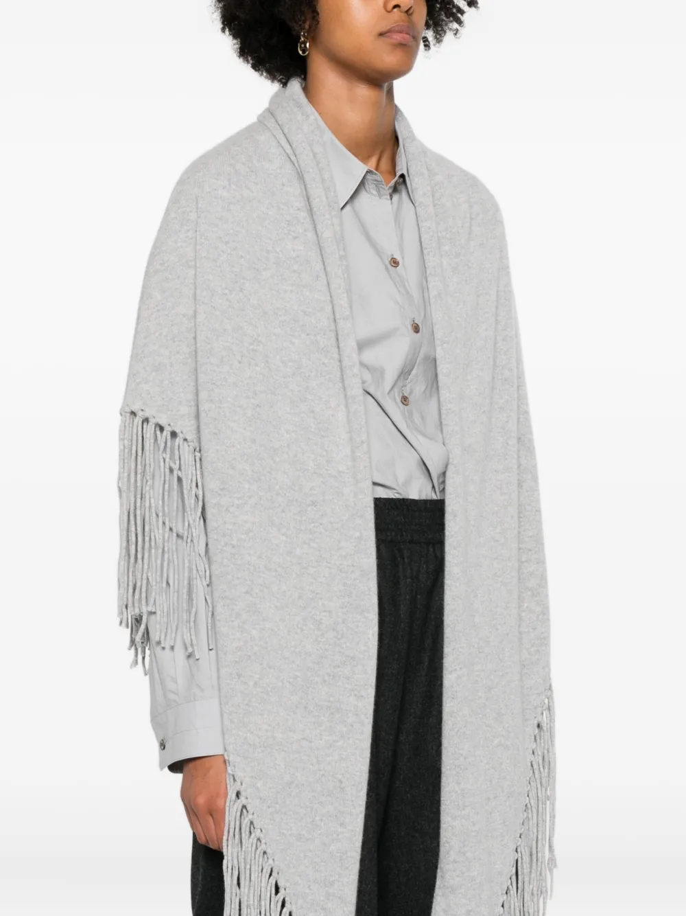 Vanisé Fringed-trim Wool Poncho In Gray