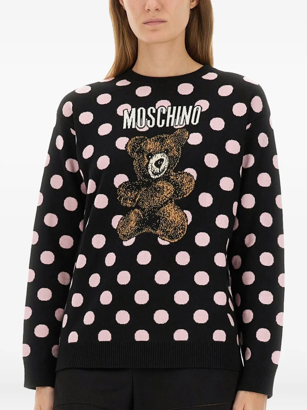 Moschino Polka-dot Pattern Teddy-embellishment Sweater In Black