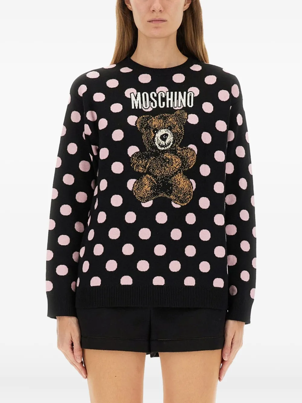 Moschino Polka-dot Pattern Teddy-embellishment Sweater In Black