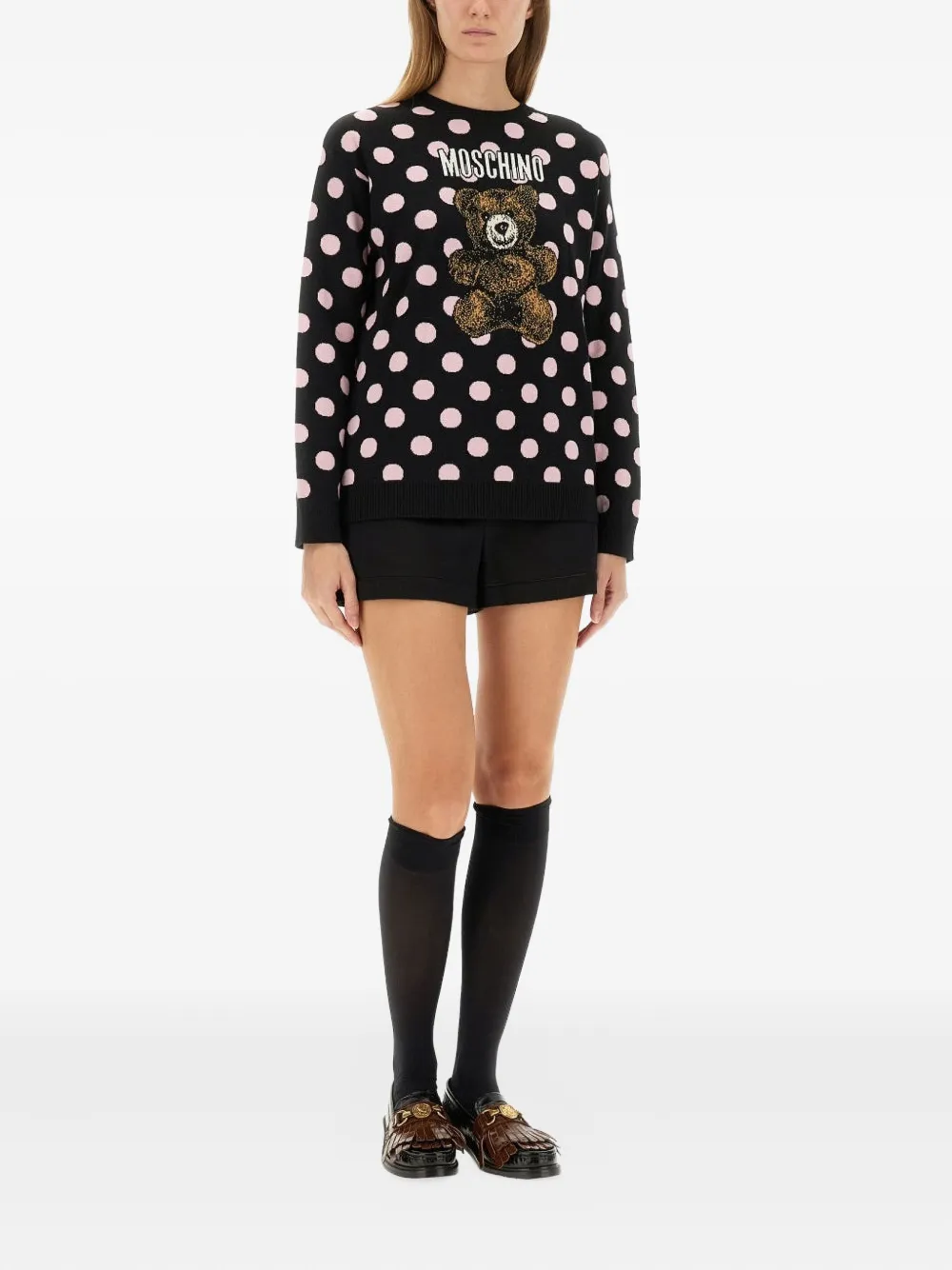 Moschino Polka-dot Pattern Teddy-embellishment Sweater In Black