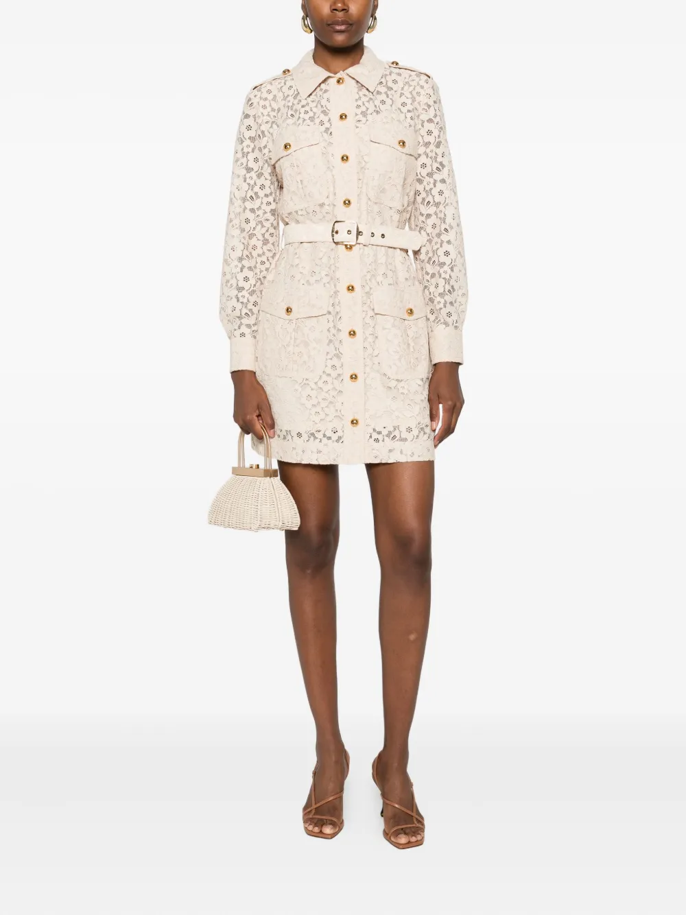 ZIMMERMANN Midi-jurk met bloemenkant en ceintuur - Beige