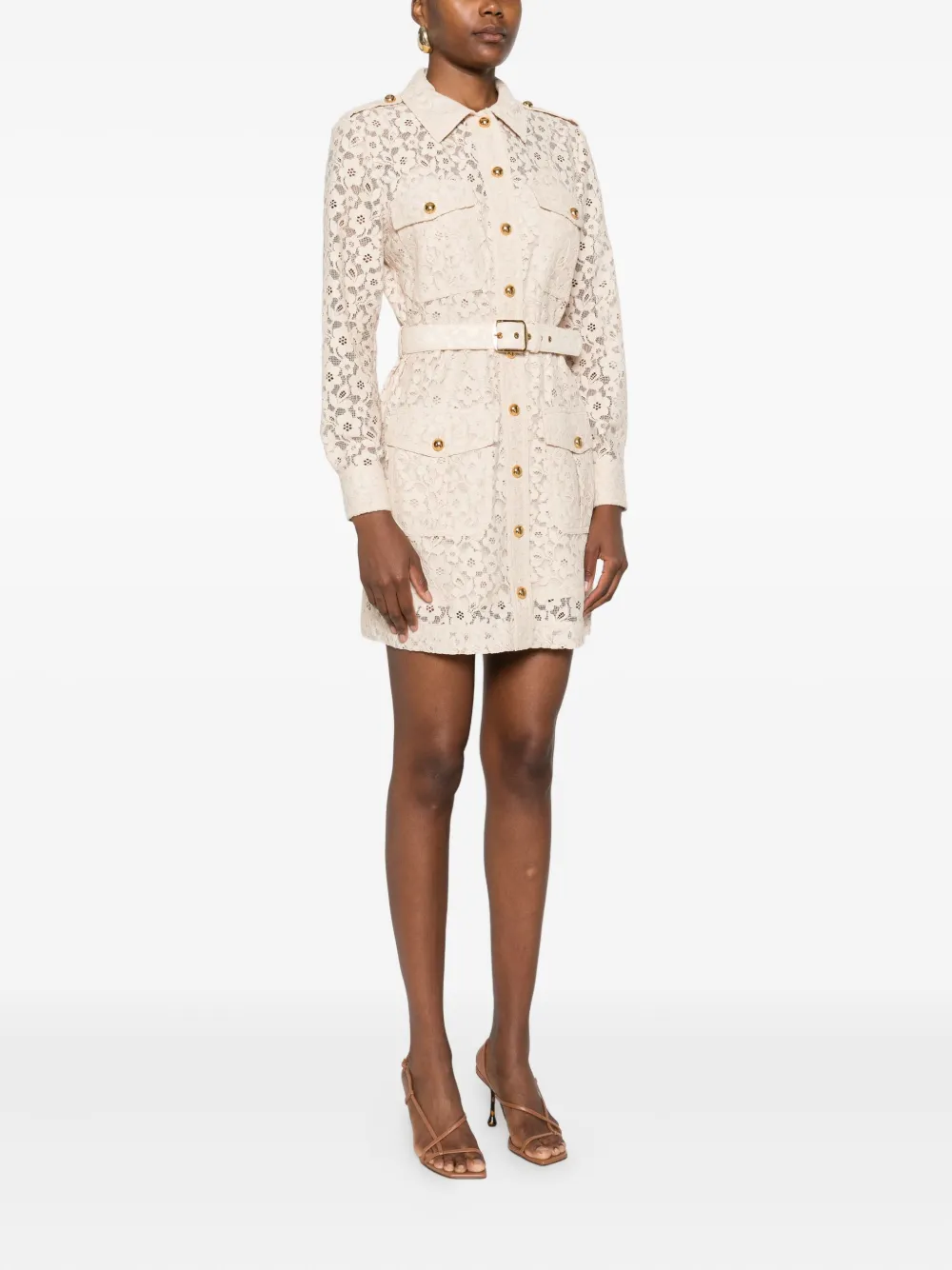 ZIMMERMANN Midi-jurk met bloemenkant en ceintuur Beige