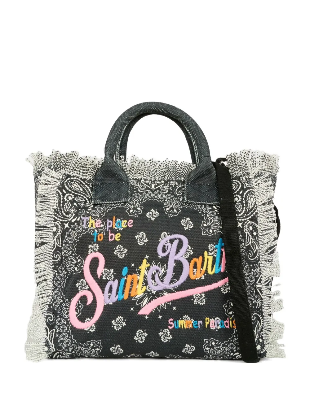 Mc2 Saint Barth Paisley-print Fringed Tote Bag In Black