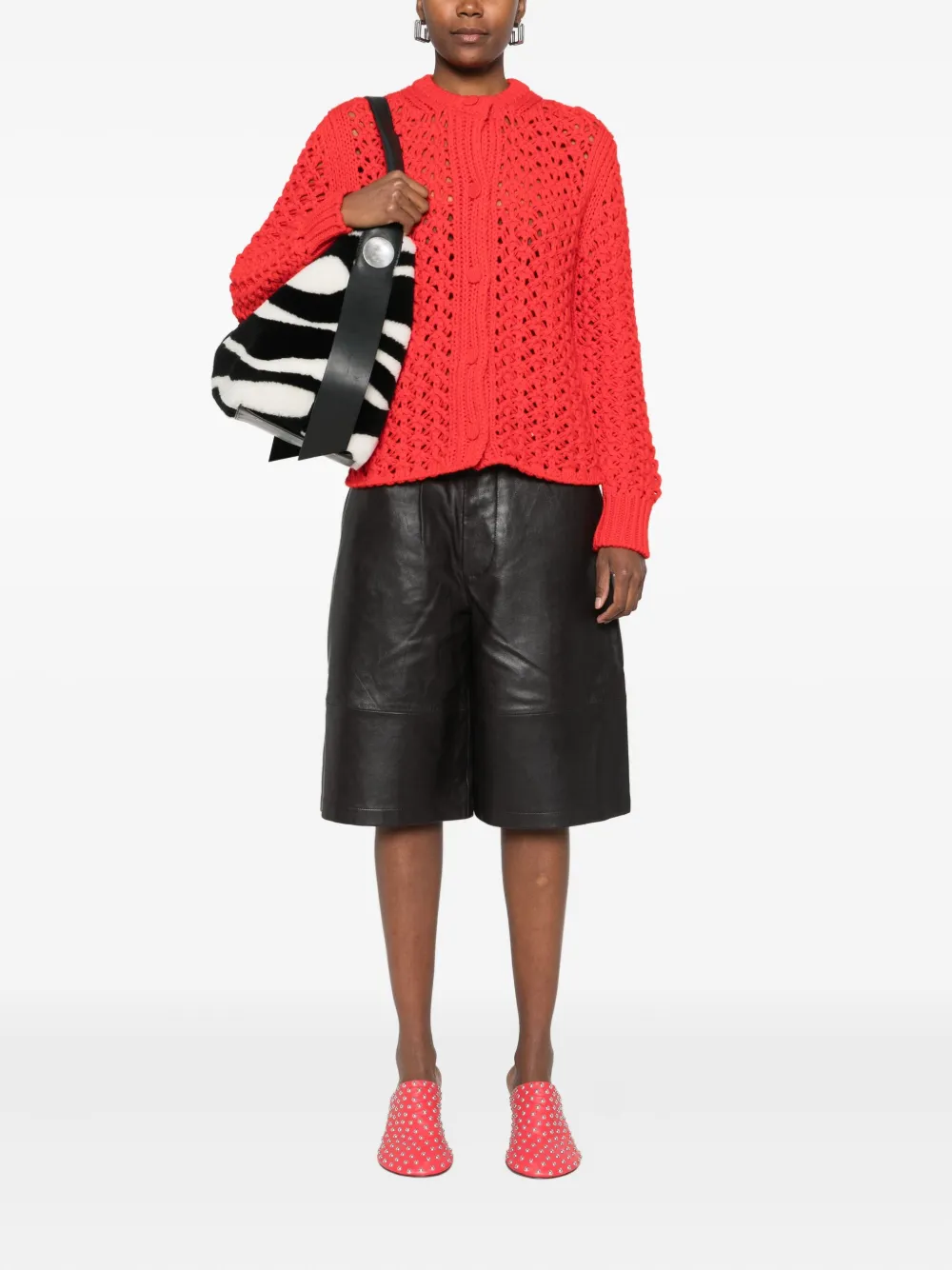 Jil Sander Open-knit Buttoned-up Cardigan In Red