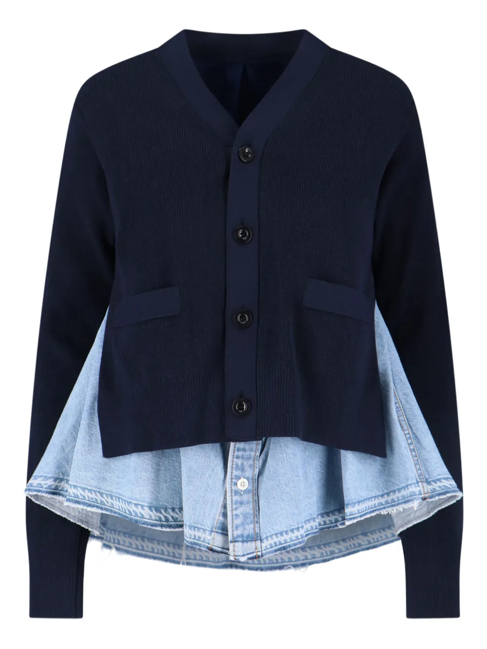 Sacai buttoned denim-layered cardigan Blauw