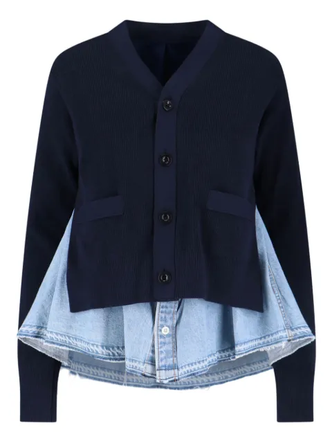 sacai buttoned denim-layered cardigan