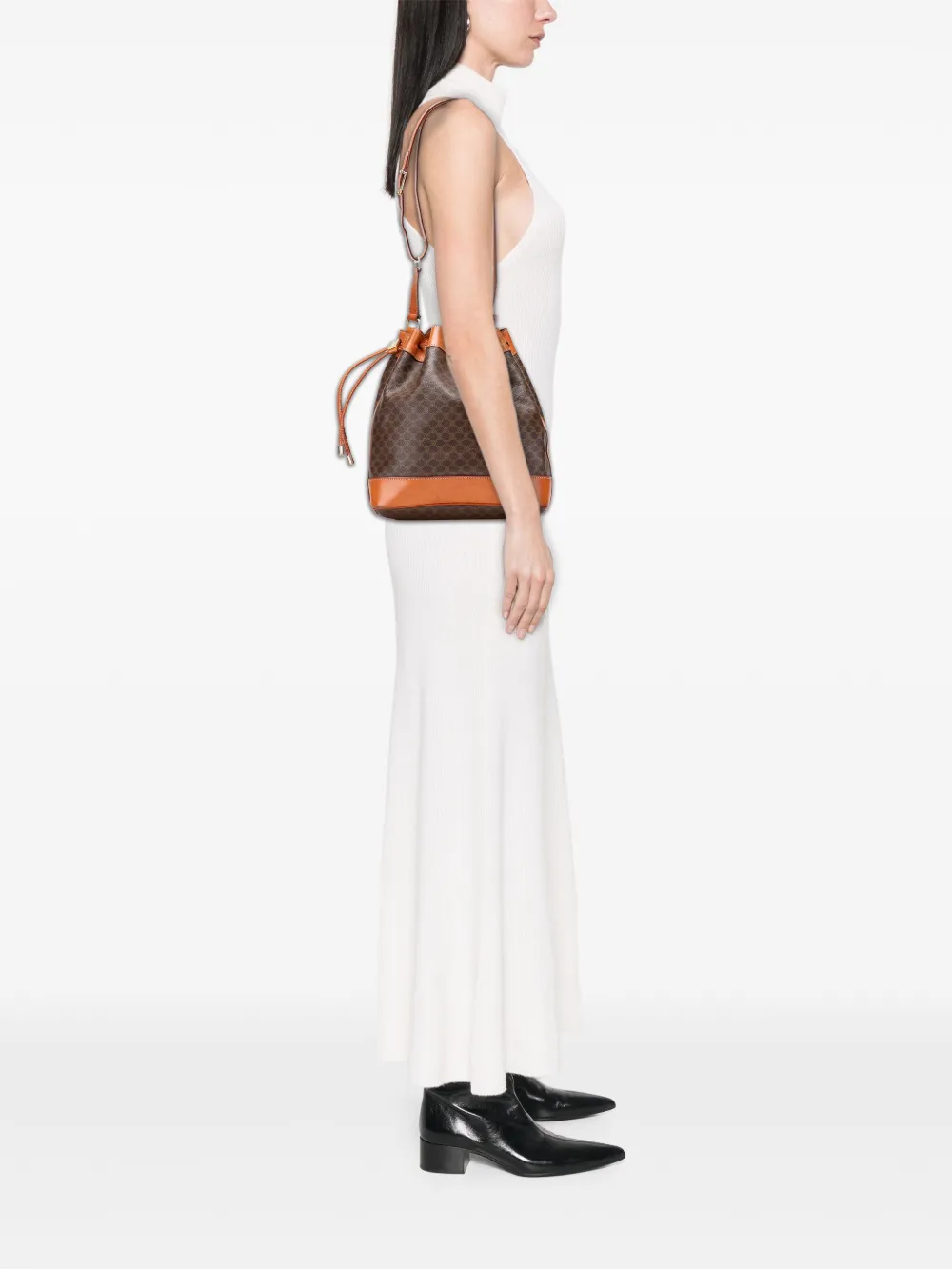 Pre-owned Celine 2009 Macadam Coated Canvas Drawstring Bucket Bag In Brown